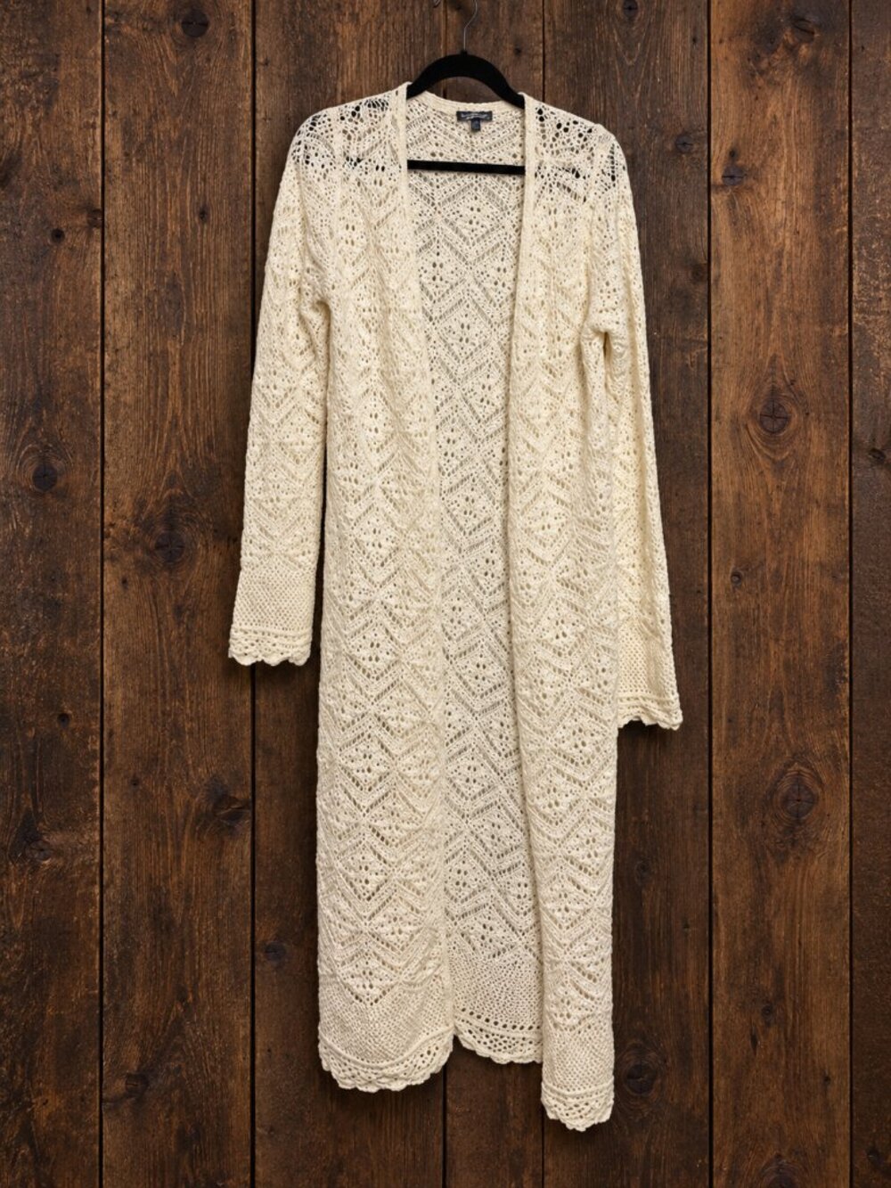 Freshman 1996 Crochet Duster Cardigan Cream White Open Knit Boho Maxi Medium